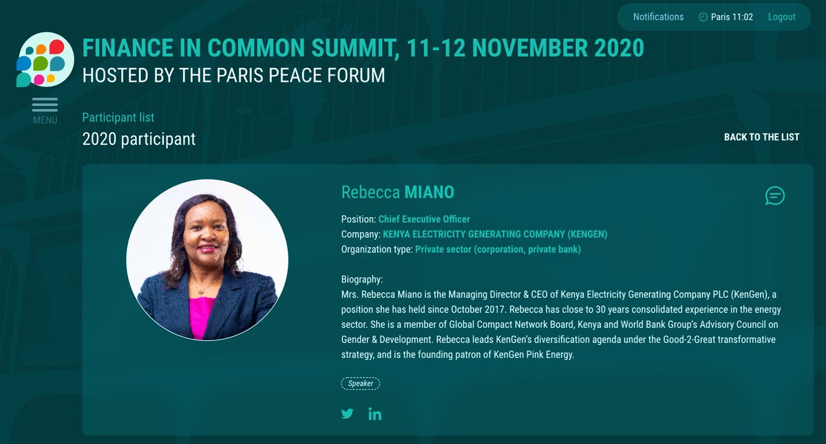 rebecca_miano's tweet image. I look forward to sharing @KenGenKenya&apos;s story tomorrow at the #FinanceinCommon2020 summit and contribute to this very important agenda of how we can work together to achieve climate resilience &amp;amp; the Paris Agreement goals. #EnergyChampion #ClimateAction #SDGs