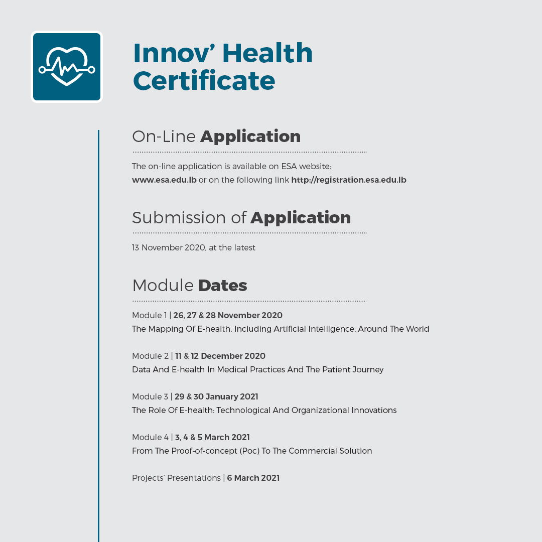 ESABeirut's tweet photo. Submit your online application now and acquire the needed skills to lead and implement innovation in the health industry: https://t.co/OuVr2U7lph 

@PolytechniqueE - @SmartESABooster

#ESAExecutiveEducation #Healthcare #Certificate  #Xexed #santé #innovation #health #digital https://t.co/rxmNmHHuB4