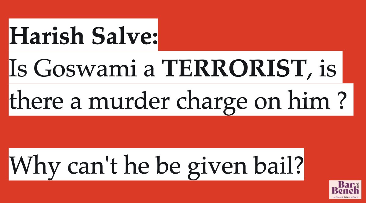 Salve: Is Goswami a terrorist, is there a murder charge on him ? Why can't he be give bail? #HarishSalve  #SupremeCourtofIndia  #ArnabGoswami  #chandrachud