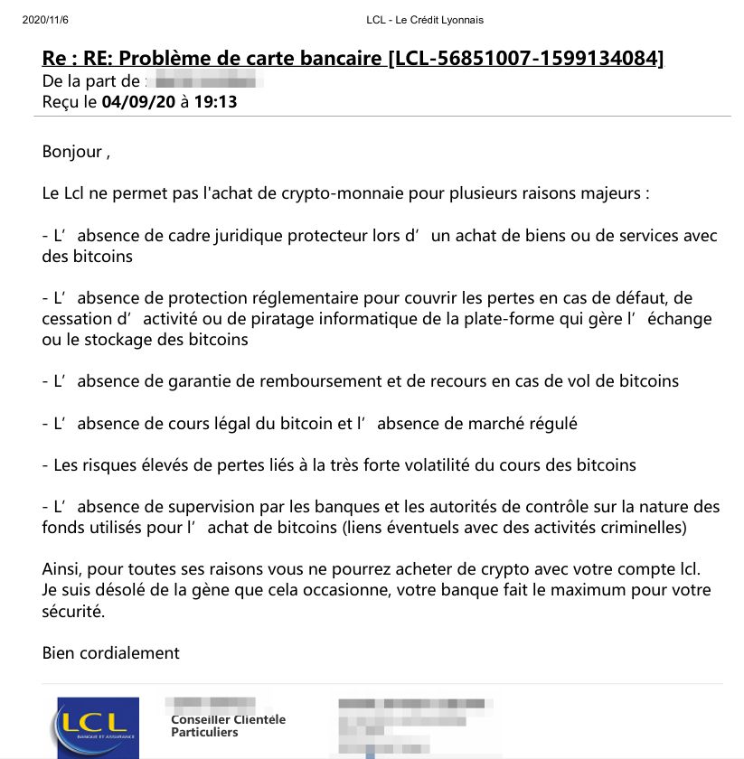 bitcoinpointfr's tweet photo. Bonjour @LCL . Confirmez-vous que vous interdisez à vos clients d'acheter des bitcoins ou d'autres cryptomonnaies ? Cette décision s'applique-t-elle aux clients s'adressant à des Prestataires de Services sur Actifs Numériques (PSAN) enregistrés comme tels par l'@AMF_actu ? https://t.co/qlf43e3Q6Q
