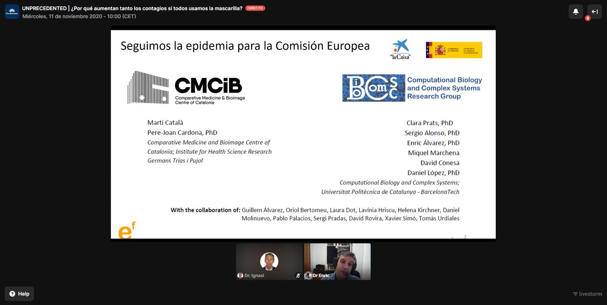CIT_UPC's tweet photo. Comienza el #webinar de la serie #Unprecedent sobre el uso de mascarillas que organizamos con @Railgrup y la colaboración de @healthioglobal y @Fira_Barcelona. Ahora @kilocurie, de @BIOCOMSC1 @la_UPC, explica cómo se propagan los contagios de la Covid-19. https://t.co/yhPVskmhsr