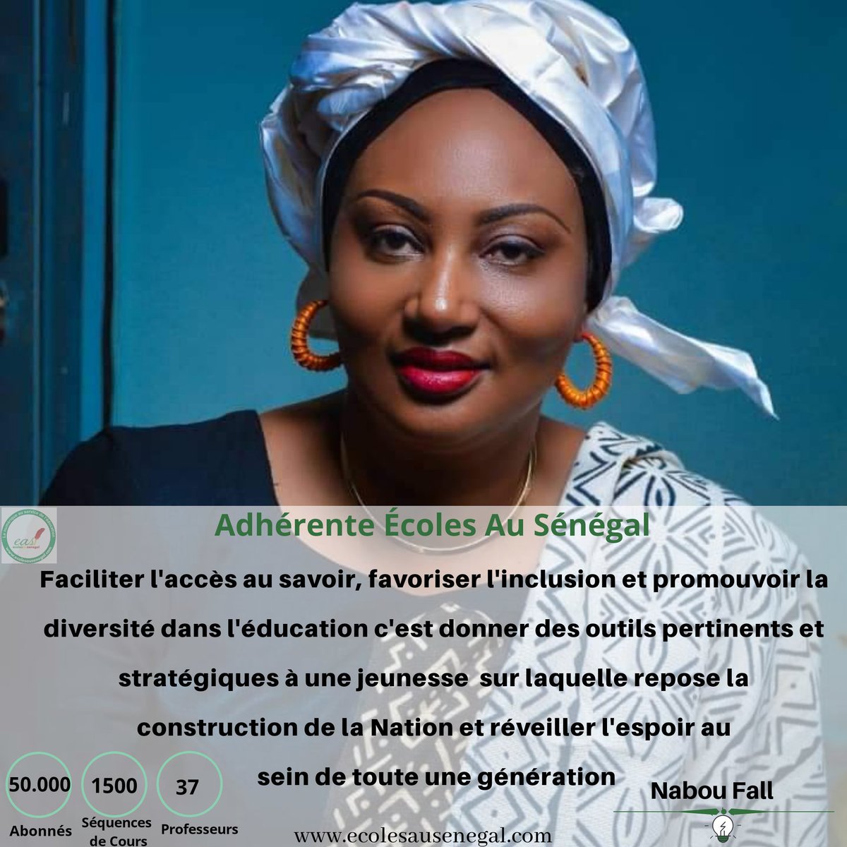 #Adherent_EAS ❤️⚡
Bienvenue à notre nouvelle adhérente <a href="/Naboufall/">Nabou Fall</a>
Ensemble pour lutter contre les inégalités en matière d'apprentissage en offrant des #CoursEnLigne gratuitement.
#Ecoles_Au_Senegal vous remercie pour ce soutien constant 🙏🏾
#education
#elearning #kebetu #digital