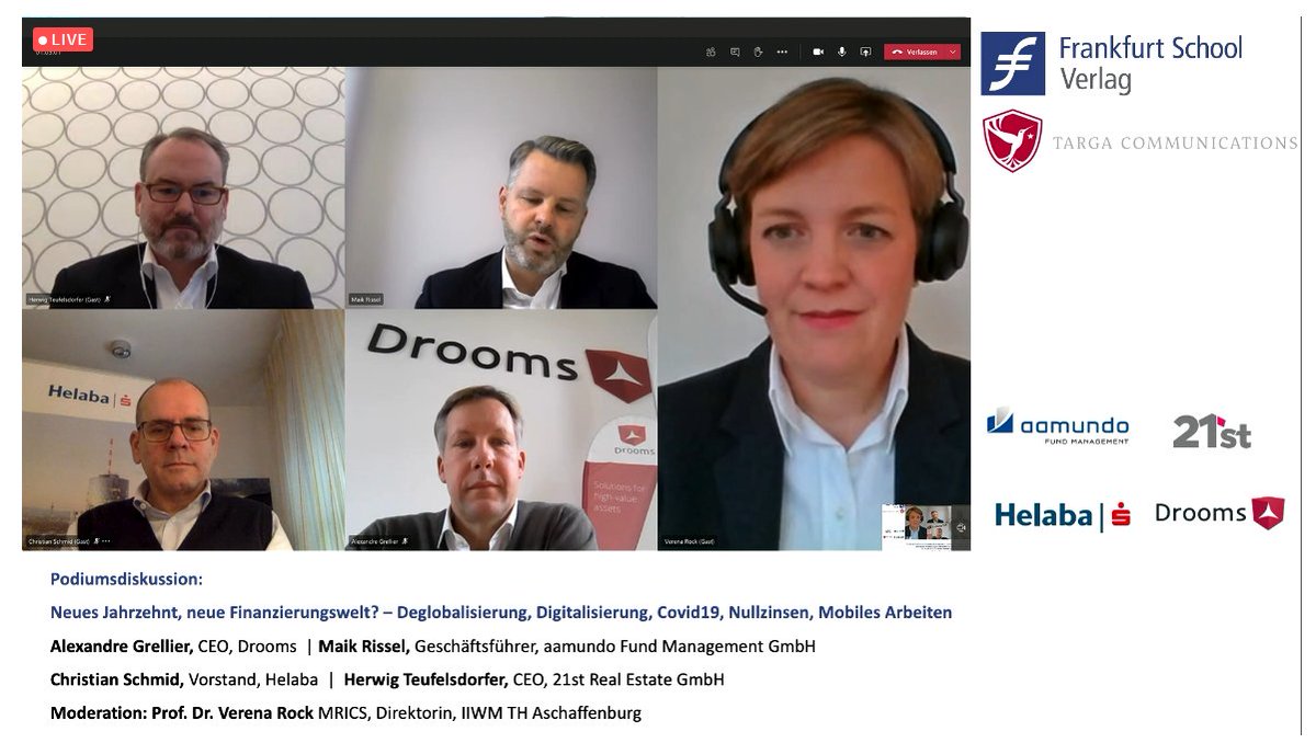 TargaComm's tweet photo. "Die #Immobilie ist Spätzügler. Wir erwarten in den kommenden 18 Monaten keine Kreditausfälle", meint Christian Schmidt, Vorstand der @Helaba, auf dem #refd2020, der gerade mit Rekordbesucherzahl #online läuft. @FSVerlag @DrBeyerle #Finance #RealEstate @rock_verena https://t.co/YiLIw0IVBE