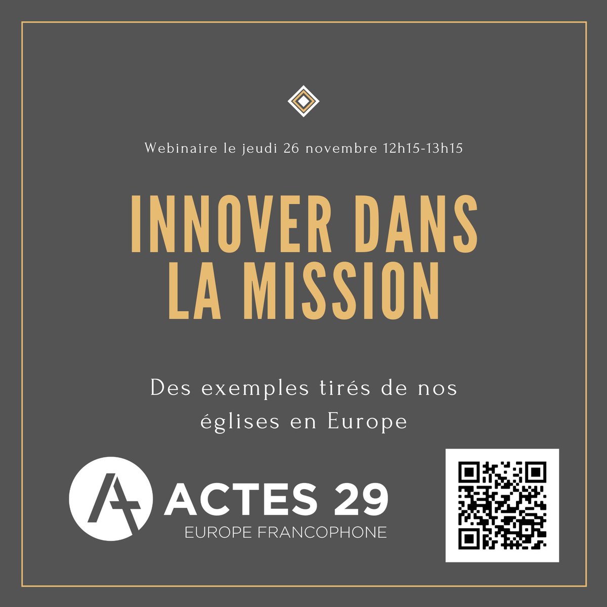 Nous avons le plaisir de vous annoncer la nouvelle date pour notre webinaire reporté : le jeudi 26 novembre à 12h15. Inscrivez-vous ici (forms.gle/aqMPNrJfCCw97n…) afin de nous rejoindre pour vous inspirer de ce que Dieu fait dans nos églises en Europe !