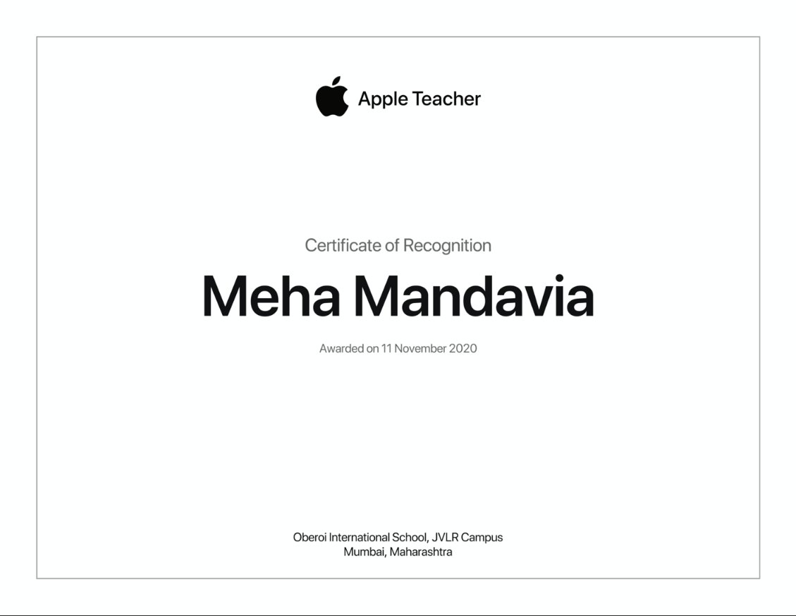 MehaMandavia's tweet photo. Finally done with the course. Definitely proud of myself for this! An amazing end to the day and fabulous start of this Diwali Break. @oismumbai @AppleEDU @ReemaGonsalves @ruchi21m @ois_primary @PTechxplore https://t.co/lI3GtseNct