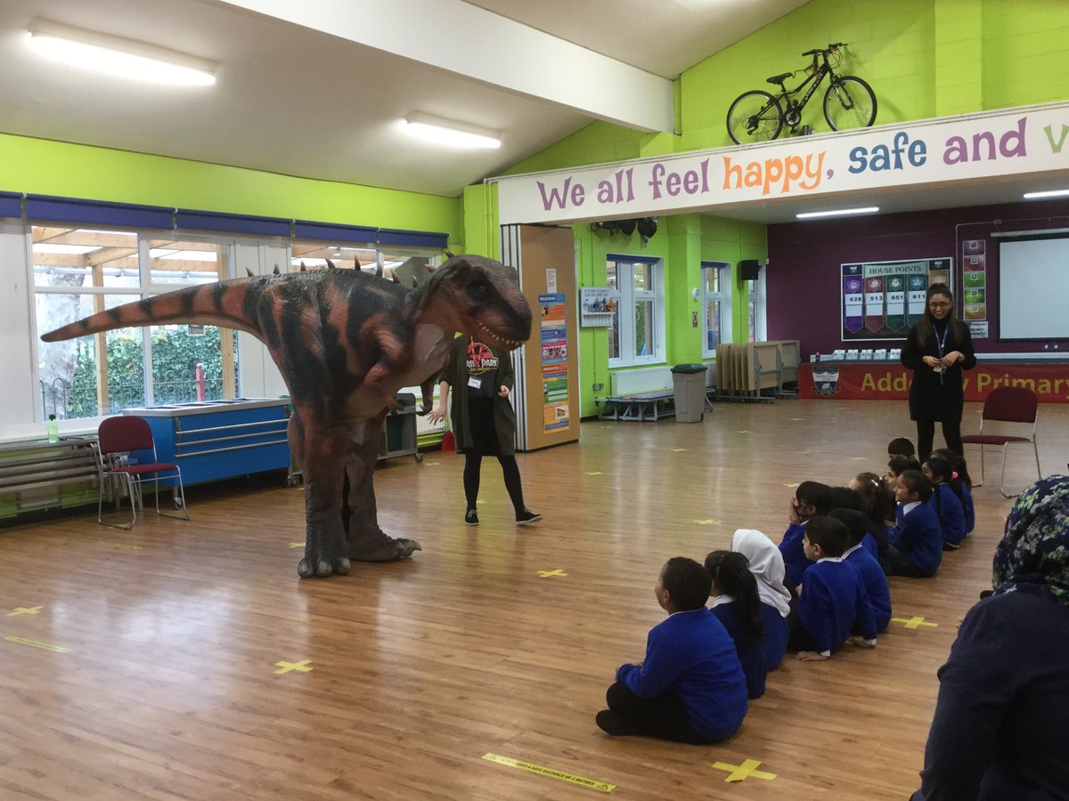 AdderleySchool's tweet photo. Wow! Year 1 are having a roarsome morning celebrating their new topic #DinosaurPlanet There’s a T-Rex in our school hall!! 🦖 #engageday @Cornerstonesedu @BCCEducation @educationgroup https://t.co/Nm0AWkwO18