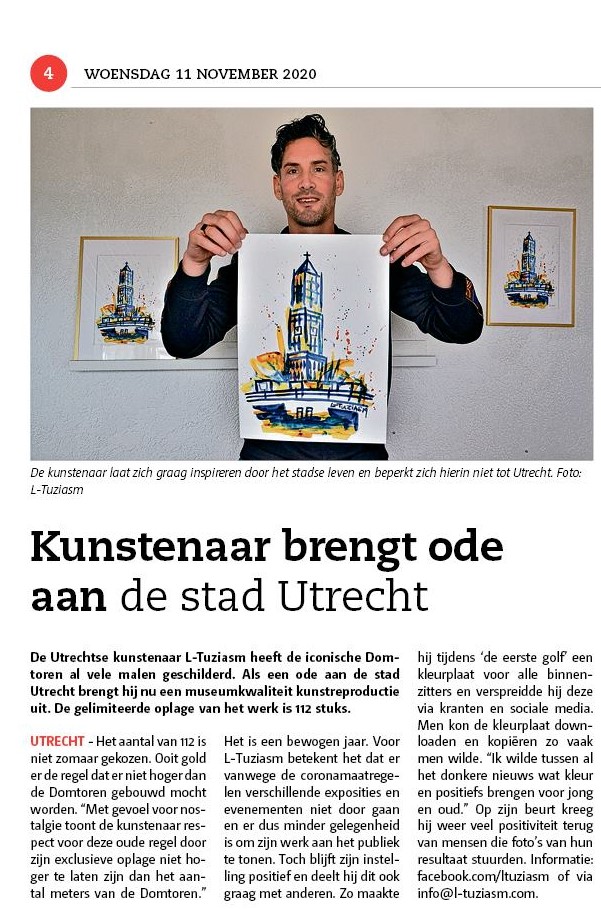LTuziasm's tweet photo. Vandaag staat mijn gelimiteerde Giclee druk als Ode aan de stad Utrecht in de krant. Interesse? Stuur me een bericht!
#utrecht #kunst #art #indebuurt #stadsblad #stadsbladutrecht #kunstenaar #ltuziasm #domtoren #dom #citytrippin https://t.co/UdmIugmMaq