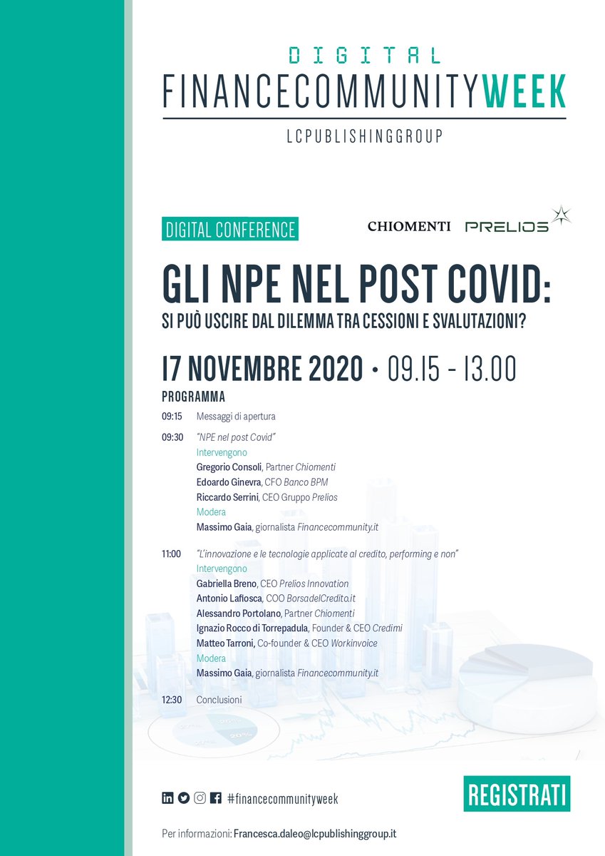 Chiomenti partecipa alla Digital #financecommunityweek 2020 e promuove il 17 novembre 2020 una conferenza sul tema "Gli NPE nel post Covid". Info e iscrizioni qui: bit.ly/35jXyxp @finance_commu #financecommunity #studilegali #finanza