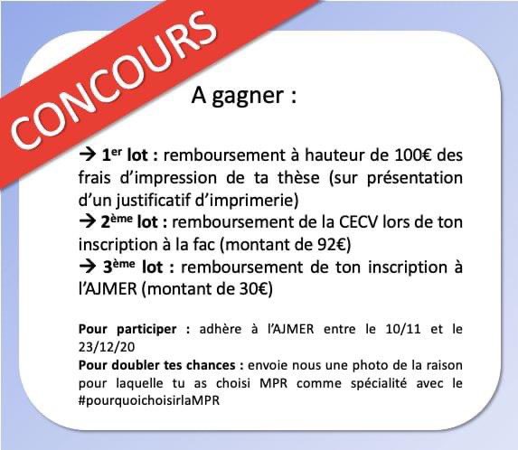 Adhère à l’AJMER entre le 10/11/30 et le 23/12/20, ce qui te permettra de participer à notre concours de la rentrée 🔥
Pour doubler tes chances : envoie nous une photo ou tague @ajmertwit de #pourquouchoisirlaMPR
Ta seule limite : ton imagination. Ex. dans une prochaine publi 🙌🏻