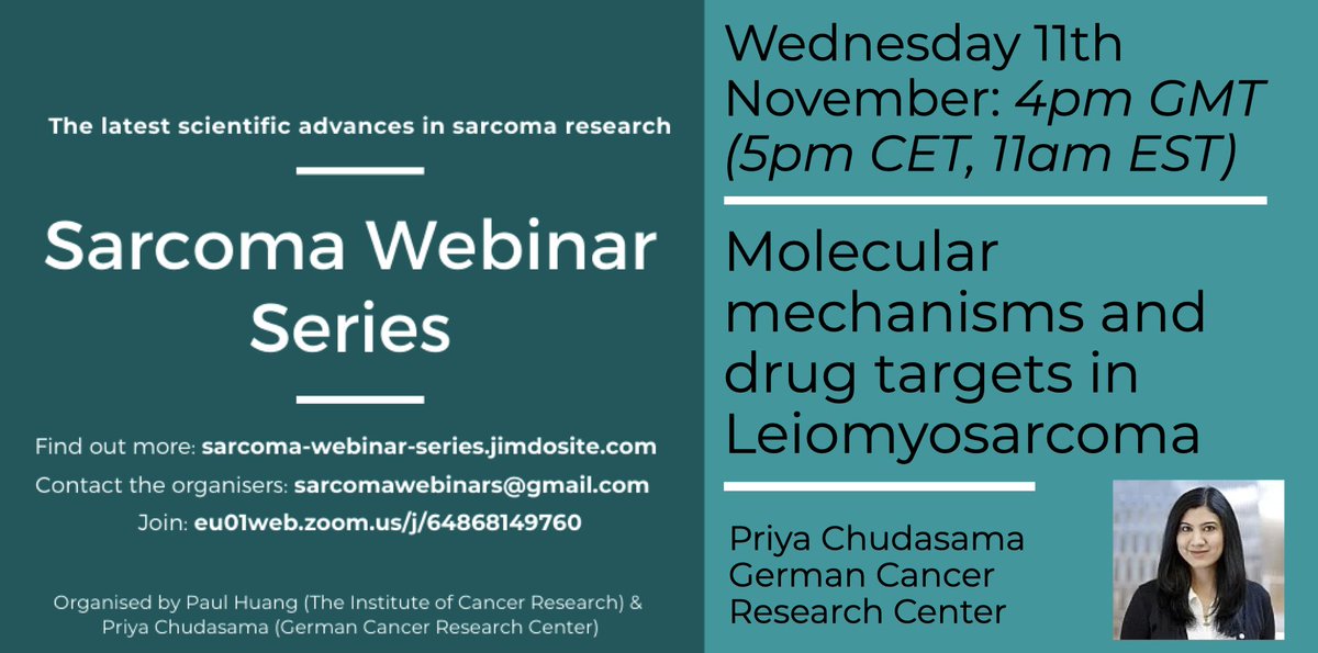 HuangLabICR's tweet photo. A reminder about the final #SarcomaWebinar of this season taking place today at 4pm GMT with @priyachudasama5 discussing her work on molecular mechanisms &amp; drug targets in #Leiomyosarcoma.

Joining details: https://t.co/uN0kxrEKFn &amp; Zoom code: https://t.co/O5r8UxvUZK #Sarcoma https://t.co/A8DfVQlxXL