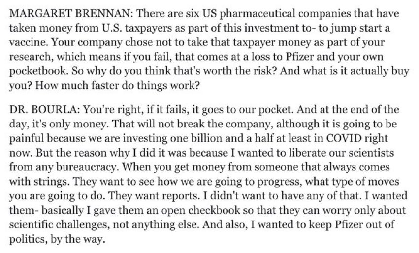 One solution is to subsidize innovation. But it's hard to do that well – subsidies involve bureaucracy and encourage rent-seeking by firms, wasting resources on grant applications, etc. Pfizer itself rejected direct subsidies because of this (but accepted purchase guarantees).