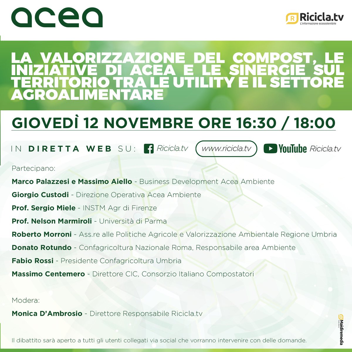 Oggi alle 16.30 su <a href="/TvRicicla/">Ricicla.tv</a> ➡️ “La valorizzazione del Compost, le iniziative di Acea e le sinergie sul territorio tra le Utility e il settore agroalimentare”, il #webinar organizzata da #AceaGruppo in collaborazione con <a href="/Ecomondo/">Ecomondo</a>.
#livestreaming su riciclatv.it