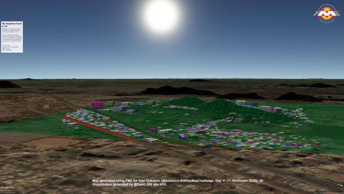 Saint_GIS's tweet photo. #30DayMapChallenge @tjukanov Day 11: 3D
My Neighbourhood in 3D
Map generated using #FME @SafeSoftware @googleearth
Data Source: @openstreetmap and #Cartosat DEM EO Data NRSC @isro
Thank you @PixelSoftek https://t.co/NdnZvP0wR7