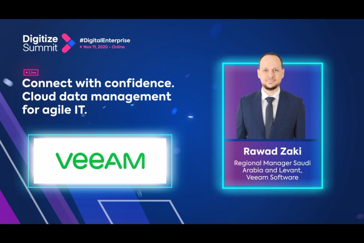 DigitizeSummit's tweet image. ⚡⚡Rawad Zaki from Veeam Keynote ⚡⚡

Topic: &quot;Connect with confidence. Cloud data management for agile IT.&quot;
Speaker: Rawad Zaki, Regional Manager Saudi Arabia and Levant, Veeam Software

Watch now: buff.ly/32yg43k

#DS2020 #digitizesummit #digitalenterprise