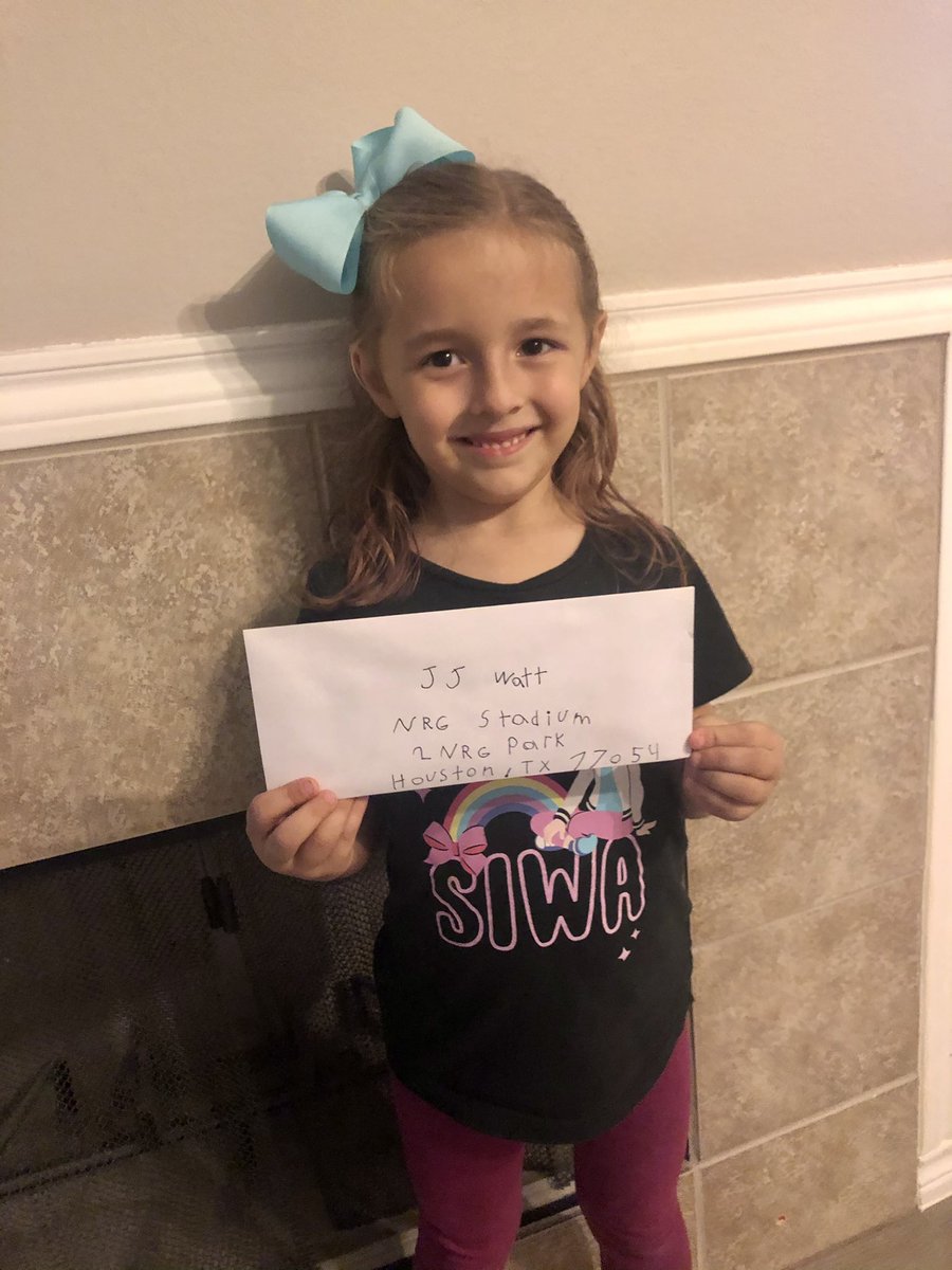 RandiAlison's tweet photo. My 6 year old mailed a pic she made at school and 15 cents to @JJWatt. She re-wrote the envelope a couple of times because she wanted it to be perfect. 💌 #harperadlen #6yearsold #nfl #texans #houston https://t.co/6Sruev64FO