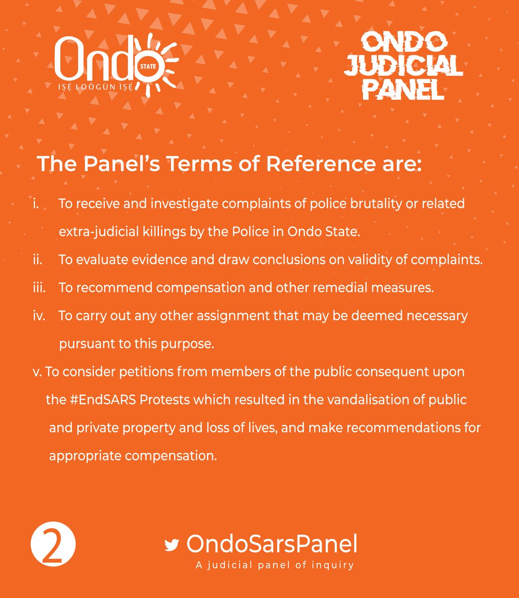 OndoSarsPanel's tweet photo. RT: The Ondo State Judicial Panel is receiving petitions from individuals who have been victims or survivors of brutality by the Police or any Law Enforcement Agency.

Also vandalisation of private/public properties &amp; loss of lives consequent of the #EndSARS Protest.

Details 👇 https://t.co/k1ouvtYvMX