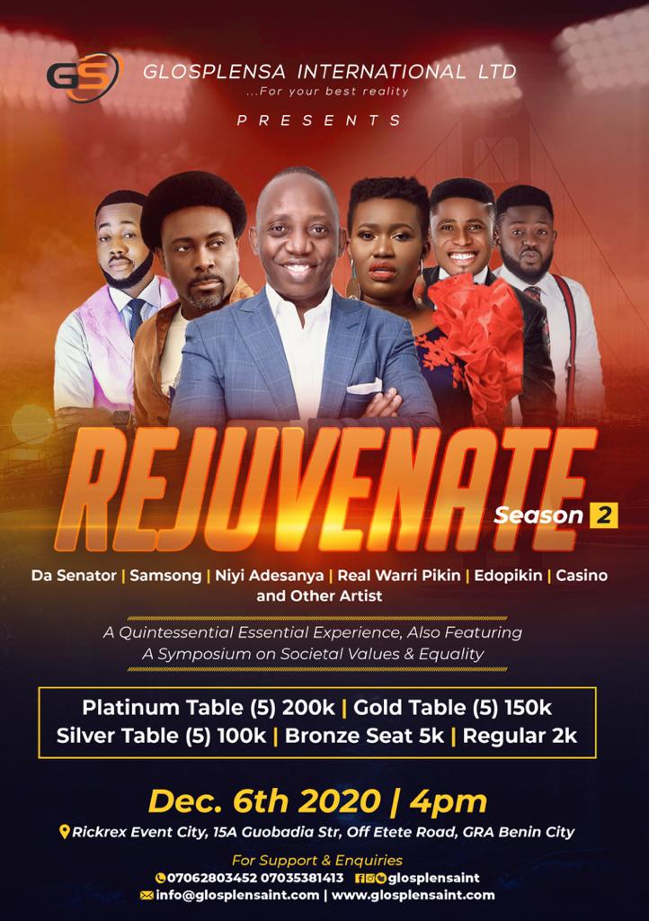 RickRexEvents's tweet photo. @glosplenaint would be hosting the 2nd Edition of #Rejuvenate at our prestigious event space on the 6th Dec by 4pm. The event would have the likes of @nadesanya, @samsongfans, @mcedopikin, @realwarripikin_, @officialmccasino, Tickets are already selling fast!

#RickRexEvents https://t.co/67ivoOgrqp