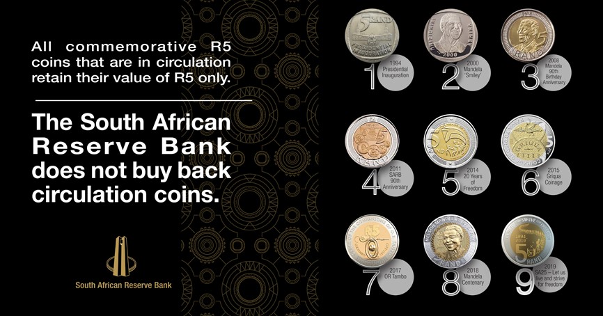 SAReserveBank's tweet photo. [AWARENESS] The R5 commemorative coins produced by the SARB celebrate a specific historical event or person in SA. They are worth their face value of R5, irrespective of the time they were issued, and can be exchanged at the SARB at their face value of R5. #KnowYourRand https://t.co/OFckwyM9xW