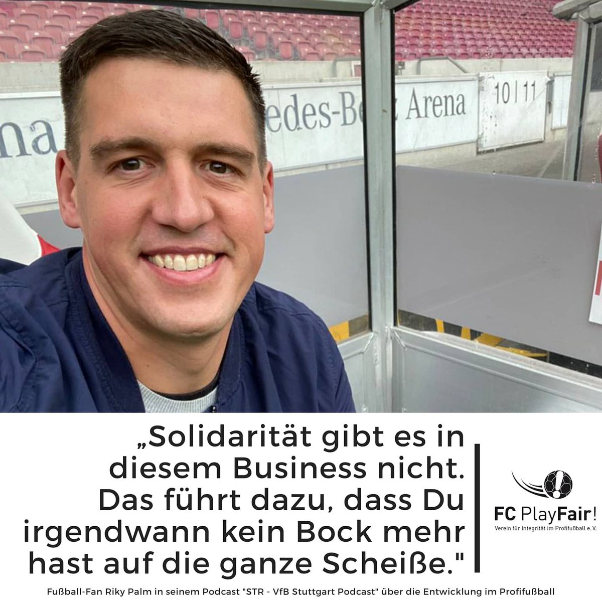 FCPlayFair's tweet photo. Fußballfan und Podcaster @RikyPalm spricht bei @VfBSTR das aus, was vielen Fußballfans auf der Seele brennt. ⚽🙏🏽
#PlayFair #Bundesliga #TVGelder #VfB https://t.co/XU2RTYYLBP