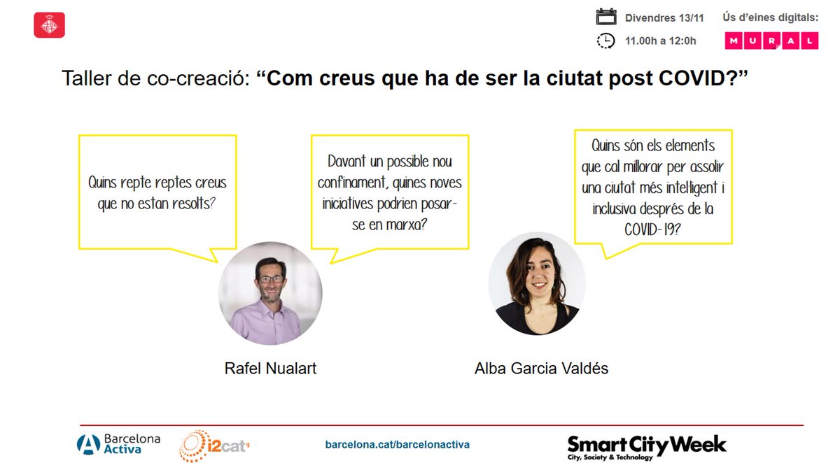 alba_agv's tweet photo. 🧐Ajuda'ns a reflexionar i a construir la ciutat intel·ligent i inclusiva. 📆divendres 13 a les 11h 🕙
Estaràs en bones mans: @RafaNualart i @alba_agv 
Organitzat també per @barcelonactiva i @i2CAT 
Apunta't: 
https://t.co/72BiHYFboZ https://t.co/PErTkzpskl