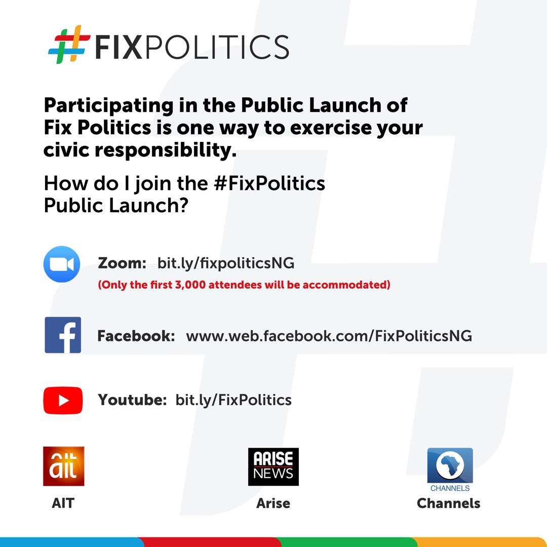 Let's meet today and launch possible ways of fixing Politics. Women and young people are the Right stakeholders in fixing better and excellent Government. #FixPoliticsNG #FixPolitics2020