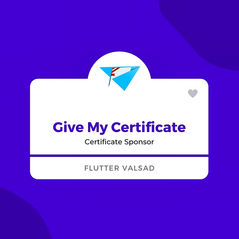 flutter_valsad's tweet photo. We are happy to announce our Certificate Sponsor "Give My Certificate" ππ
Thanks to the team of @givemycert for supporting us π
#Flutter #Community #FlutterValsad https://t.co/MpTwCEEcRc