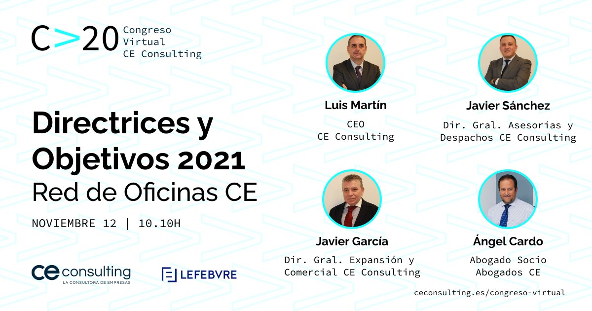 ceempresarial's tweet photo. ¿Te has inscrito ya al #CongresoCE ?
Entre otras cosas, veremos las Directrices y Objetivos para 2021:
Os presentaremos las nuevas directrices para la red de oficinas y los proyectos que desplegaremos a lo largo del próximo año.
✍️ Inscríbete: https://t.co/OFqza1tlLW https://t.co/FXtBx8OhuD