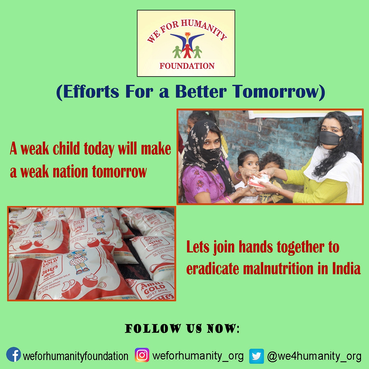 we4humanity_org's tweet photo. We are working to eradicate malnutrition in India. We have started distributing nutritional kits among deprived children, lactating mothers and pregnant women living in underprivileged communities in new delhi.
@Shouryaroy1179 
@saini2295 
#food 
#NGO 
#NewDelhi 
#community https://t.co/q4reVX8nyx