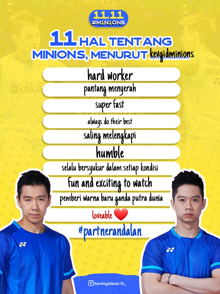 vinsplacetovent's tweet photo. 11.11 #M1N1ONS ala @kevingideonfc 

11 hal tentang Marcus-Kevin menurut aku 😊

Yuk guys, ikutan, share your thoughts about #partnerandalan 🤍 https://t.co/kHdUHg6RLc