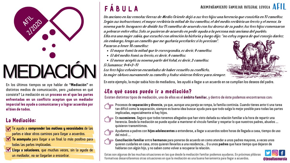 jesuitasmurcia's tweet photo. MEDIACIÓN: Nueva #PildoraFormativa de #AFIL (Acompañamiento Familiar Integral Loyola) de @jesuitasmurcia #RedFCJ @CiJusticia #Convivencia Tender puentes 🤝🕊️💕 #mediación https://t.co/6IaPhgglZ5