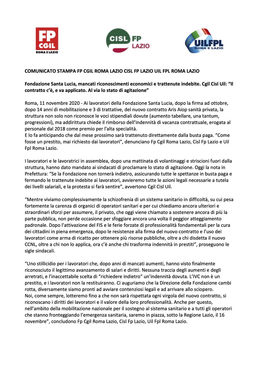 cisl_fplazio's tweet photo. #SanitàPrivata. @SantaLuciaIRCCS, mancati #riconoscimenti economici e #trattenute indebite. #CgiCislUil: “Il #contratto c’è e va applicato. Al via lo stato di #agitazione”
#ilmiolavorovale https://t.co/Y9h2nWfo9A