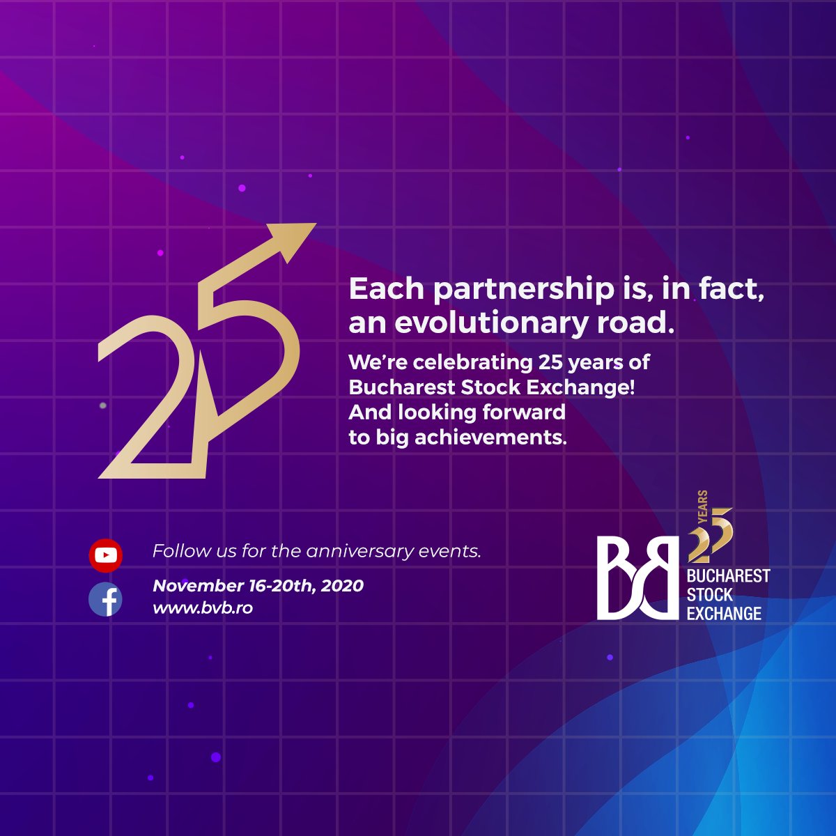 BVB_Ro's tweet photo. On November 20th, @BVB_Ro is celebrating 25 years of trading! Let's celebrate together next week, along with investors, issuers, brokers, authorities & our team.
November 16th β 20th, from 10 AM, LIVE on @BVB_Ro Facebook and YouTube pages.
#BVB25years #PartnersForTheFuture https://t.co/p9bXszkEal