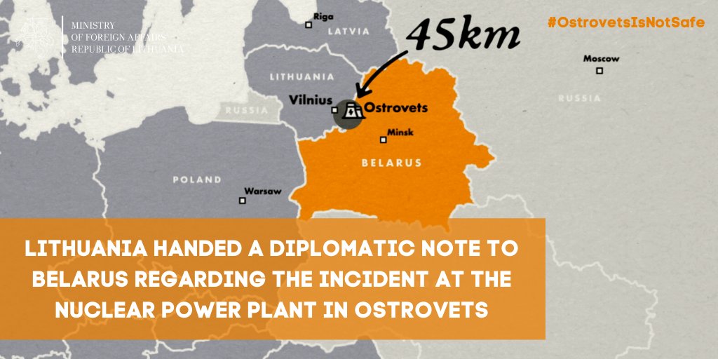 LithuaniaMFA's tweet photo. #Lithuania handed a diplomatic note to the MFA of #Belarus over the provision of information on the incident during the energy start-up of the Belarusian NPP. Belarus is urged to suspend the NPP commissioning until the highest safety standards are met ➡️ https://t.co/XROEAlesNb https://t.co/TMBdnYWdw0