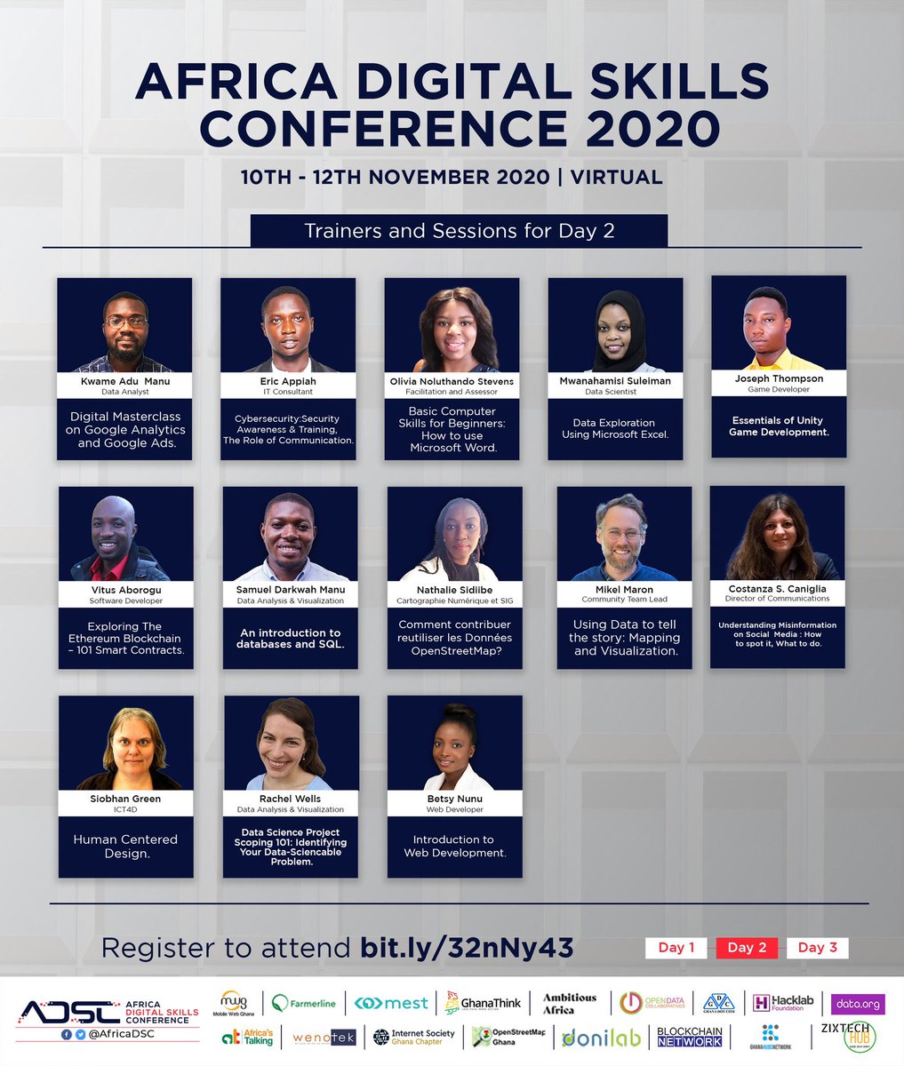 isocghana's tweet photo. Africa Digital Skills Conference 2020. 
Today's sessions will be as exciting and insightful. Check out the sessions for today and make sure you have created your profile via this link https://t.co/HwSbAzQvFq  to book seats in the sessions
#opportunitywednesday 
#ISOCGhana https://t.co/1IcnNBdWSi