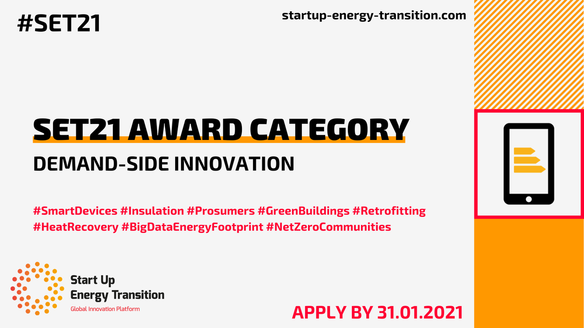 StartUpGET's tweet photo. Is your start-up improving energy use?⚡️ We are looking for you! APPLY for the #SET21 Award in the Demand-side Innovation Category by 31.01.2021! Cash prize, pitch coaching, access to exclusive global events &amp; more! 👉https://t.co/m4C0Iab47Y https://t.co/dUPtPWbSrt