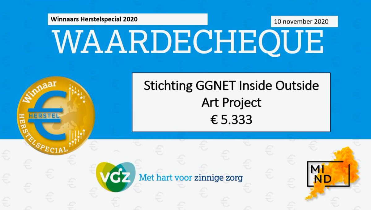 WijzijnGGNet's tweet photo. Wauw! Ons prachtige kunstproject Inside Outside Art heeft een mooi bedrag verdiend als één van de winnaars van de GGZ Herstelspecial, een samenwerking tussen @wijzijnmind  en zorgverzekeraar @VGZ  #herstelinitiatief #ggz #GGNet #herstelspecial @ContactZutphen https://t.co/V5DUJJPWa5