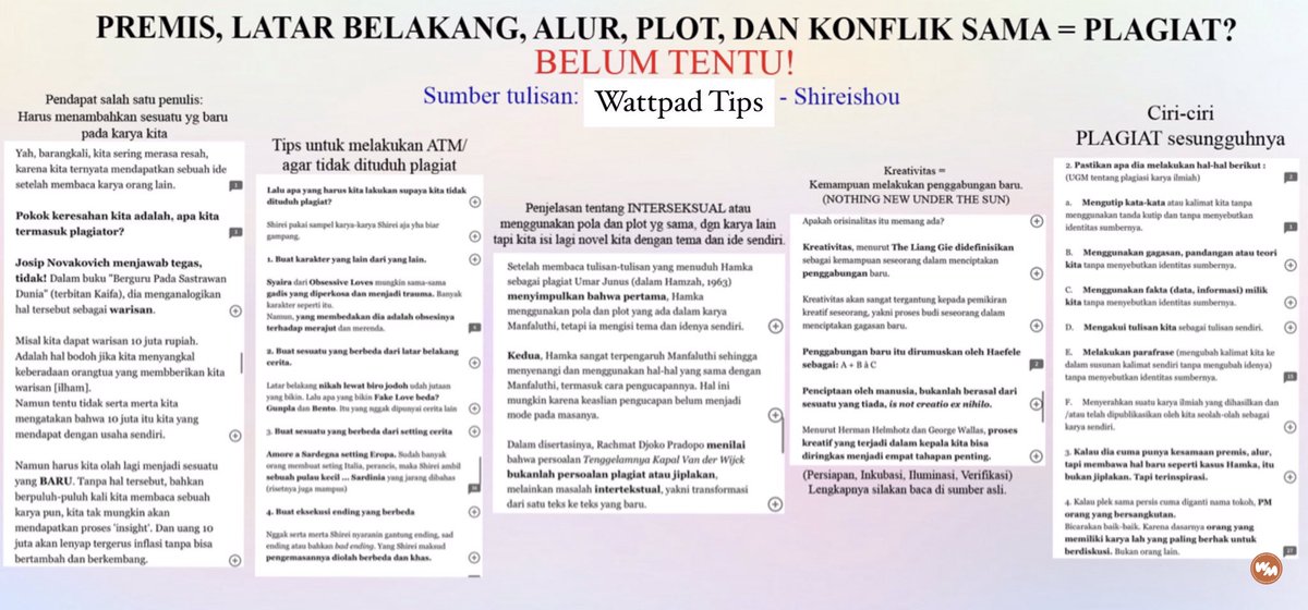 wattpadmenfess_'s tweet photo. /wp/ Semua pengguna WP WAJIB BACA “Wattpad Tips” di akun SHIREISHOU ttg PLAGIAT. Fokusnya tentang KESAMAAN PREMIS, LATAR BELAKANG, ALUR, PLOT, DAN KONFLIK dengan novel lain. Topik yg selalu bikin bingung sesama author dan reader.
Intinya, adanya kesamaan antara  (cont..) https://t.co/FzJj4e4h1e