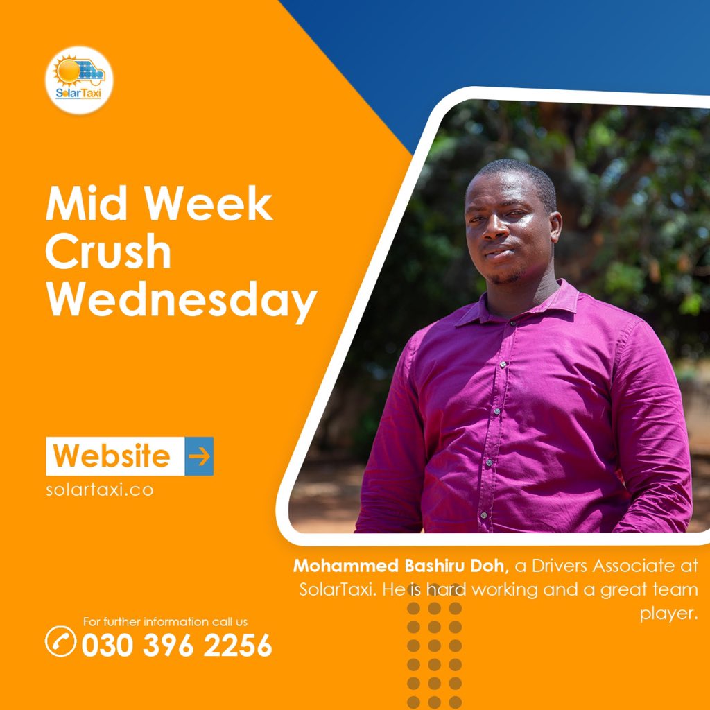 SolarTaxiGh's tweet photo. Our Mid Week Crush today is Mohammed Bashiru Doh, a Drivers Associate at SolarTaxi. He is hard working and a great team player.
#solartaxigh #solartaxi #explore #explorepage #energy #energyhealing #clean #cleanenergy #instagood #wednessday #solartaximidweek #midweekcrush https://t.co/5RQyHKBqUs