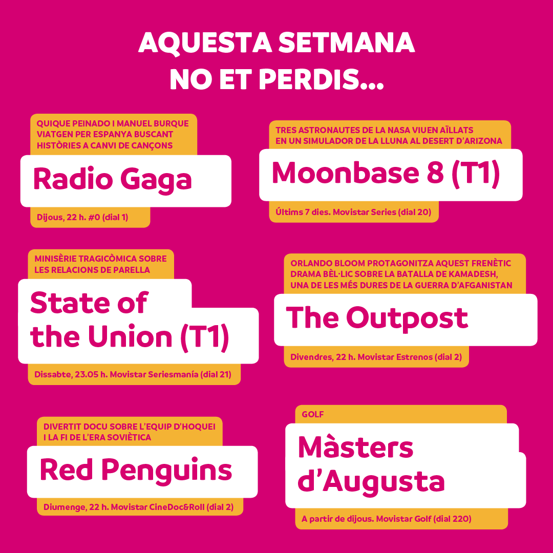 AndorraTelecom's tweet photo. Aquesta setmana #noetperdis 🎶⛳️🪖🌗 🐧
#Feliçdimecres #andorratelecom #andorra #destacatstv #radiogaga #moonbase8 #stateoftheuniont1 #theoutpost #MastersAugusta #redpenguins https://t.co/tuoCHweuDM