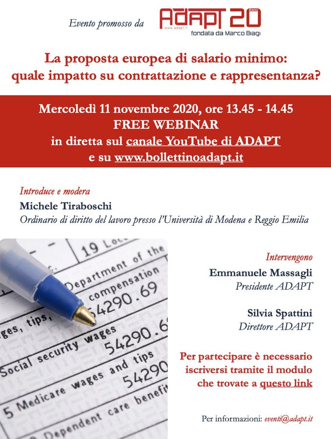 adaptland's tweet photo. #Salariominimo, "#Sindacato stai sereno". In attesa del #ADAPTwebinar delle 13:45, via @bollettinoADAPT un #BollettinoADAPT speciale con percorsi di lettura e analisi delle posizioni delle parti sociali in #Europa curato da @SilviaSpattini e @DPorcheddu.
https://t.co/CPhmfuOFeG https://t.co/duIVK9cTHj