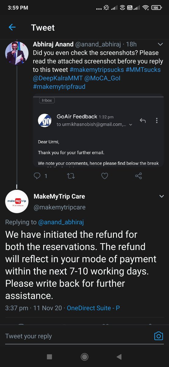 anand_milega's tweet photo. Apparently Twitter has become the customer care platform for @makemytrip . It's after constant mailing and tweeting 15days, for the 1st time @makemytrip has initiated something.
#makemytripsucks #MMTsucks #worstservice #customersatisfaction gone to hell https://t.co/ZLDA0xWUro