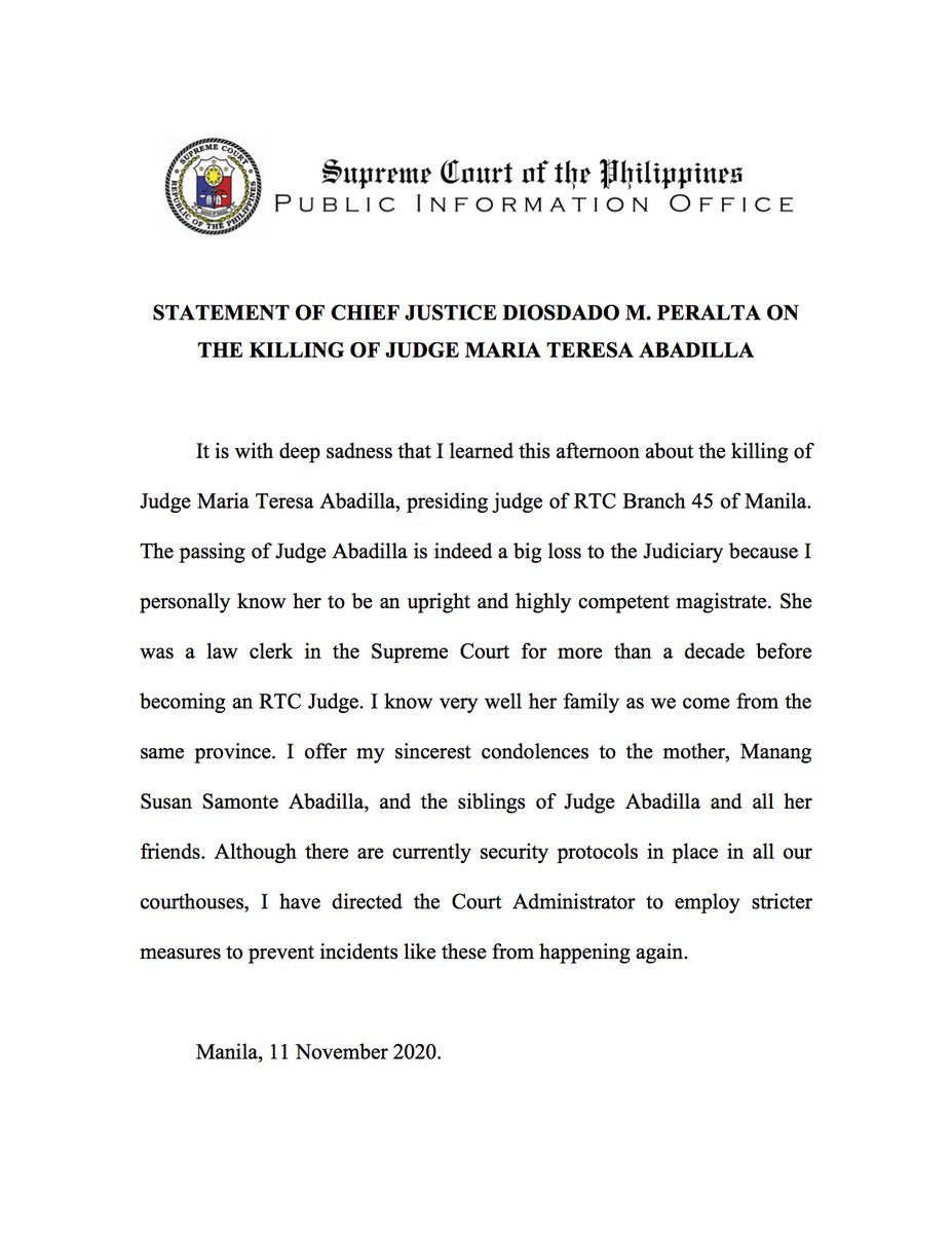 SCPh_PIO's tweet photo. Statement of Chief Justice Diosdado M. Peralta on the Killing of Judge Maria Teresa Abadilla https://t.co/gcxbAD2CUc