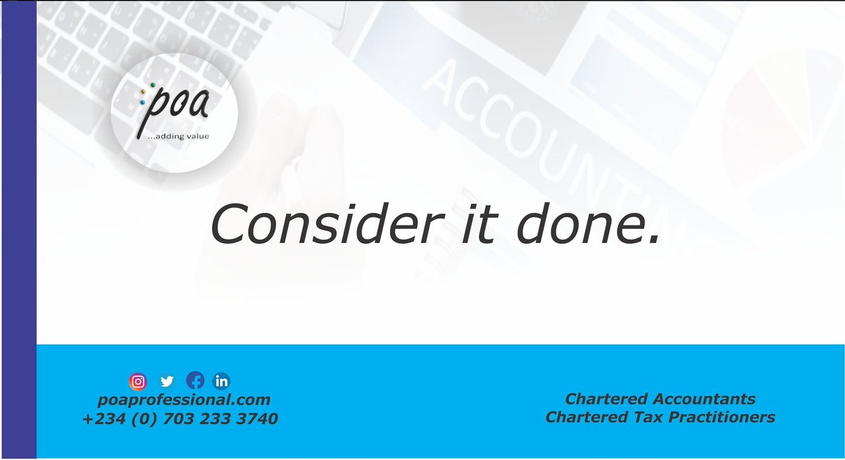 At POA, consider all your accounting jobs done. 
#tax #accounting #audit #auditorinlagos #businessgrowthexpert  #businessmatters #businessadvisory #businesswomen #bookkeeping #managementconsultingservices #Assuranceservices #payrollservices #advisory #taxexpert