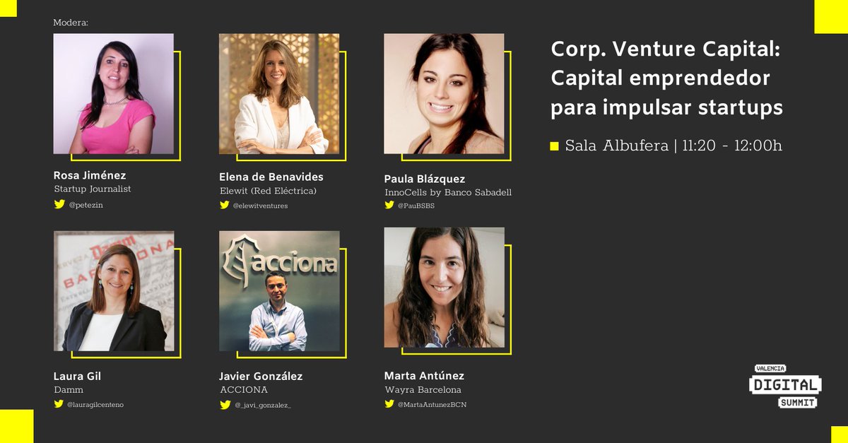 En #ValenciaDigitalSummit tendremos mesa sobre:
➡️corporate venture capital. 
Con: <a href="/PauBSBS/">Paula Blazquez</a> <a href="/lauragilcenteno/">Laura Gil</a> <a href="/_javi_gonzalez_/">Javier González</a> <a href="/MartaAntunezBCN/">Marta Antunez Ruiz</a> <a href="/elewitventures/">Elewit</a> y <a href="/petezin/">Rosa Jiménez Cano 💙</a>
 
Sala Albufera 🕞11:20

¡Inscríbete!!! 🗓️25/11
👉valenciadigitalsummit.com