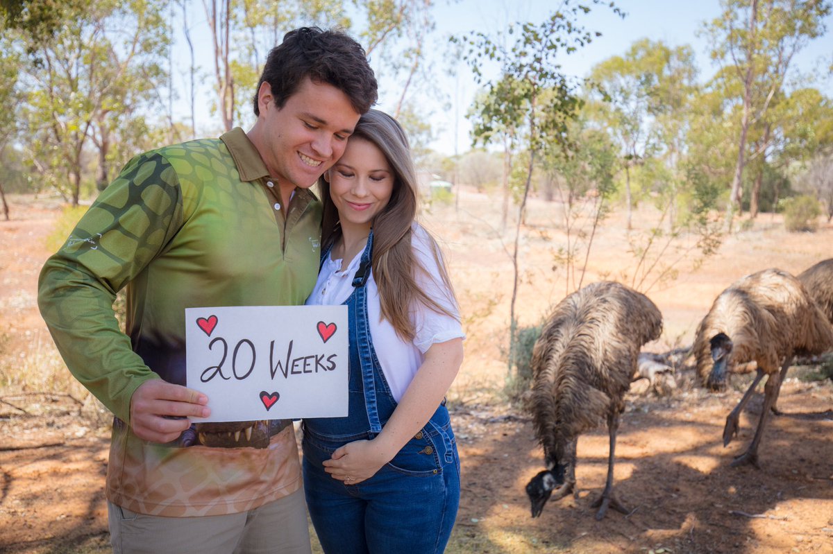 BindiIrwin's tweet photo. Halfway there! 20 weeks pregnant and our baby girl is about the same size as a recently hatched emu chick. 💗 The love I have for my sweetheart husband and our beautiful daughter is boundless. https://t.co/ukeFLyRblT