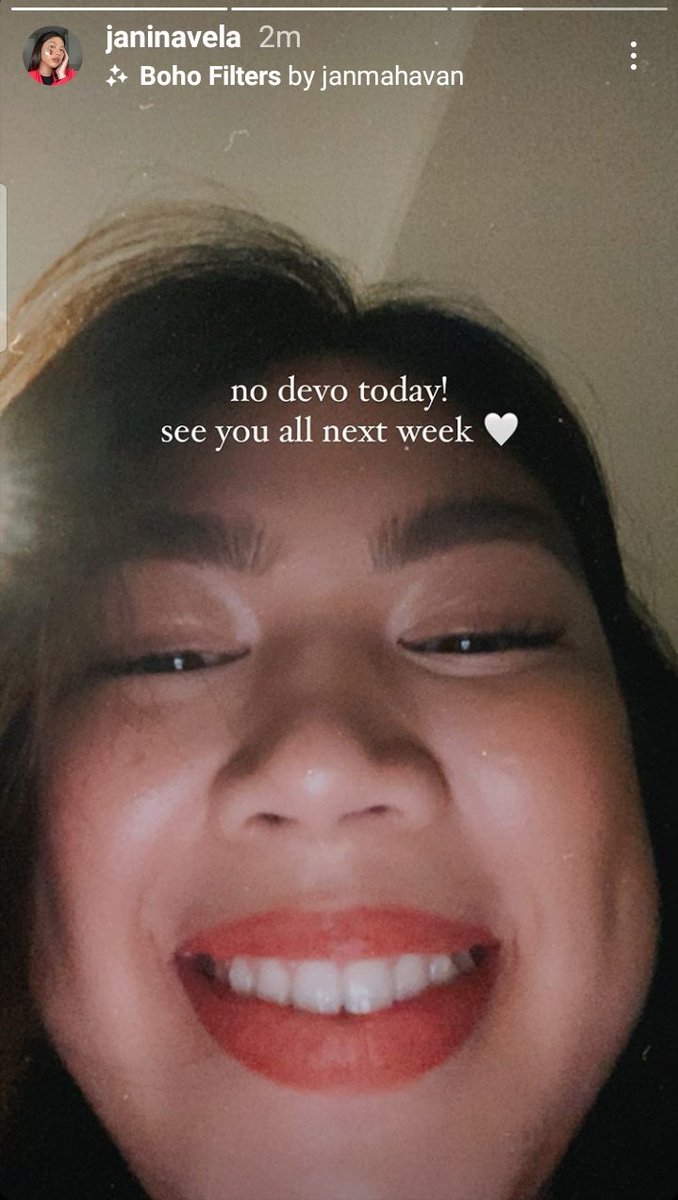 JVPUpdates's tweet photo. • IG STORY UPDATE •

"no devo today! see you all next week"

See you next week, #DevoWithJanina squad and @janinavela! Don't forget to take some rest and keep safe. 😙

Btw, can we talk abt how cute she is? 😩 https://t.co/qmTpUFmSp0