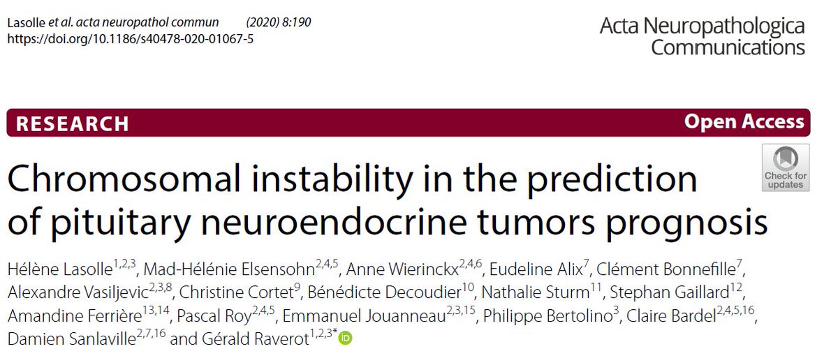 GeraldRaverot's tweet image. PITUIGENE study a thread 1/
rdcu.be/cagw2
The purpose was to analyze the impact of copy number variations on sporadic #PitNET prognosis.
195 tumors (56 LH/FSH, 11 NIR, 56 GH, 39 PRL, 33 ACTH) 
5 yr post-op Fw-up. Classified according to the "Trouillas" classification