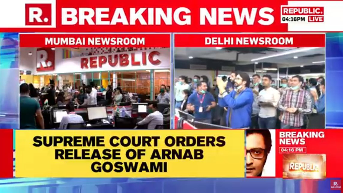 republic's tweet photo. #BREAKING on #IndiaWithArnab | Supreme Court grants bail to Arnab Goswami; tune in to watch #LIVE here - https://t.co/RZHKU3wOei https://t.co/xB9xO94K1X