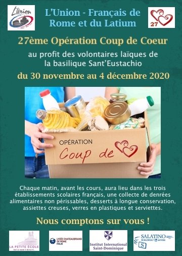 L’APE participe à la 27° Opération Coup de Cœur au profit des volontaires laïques de Sant'Eustachio du 30/11 au 4/12/2020. Nous comptons sur la générosité de tous, particulièrement en cette période difficile! #solidarité