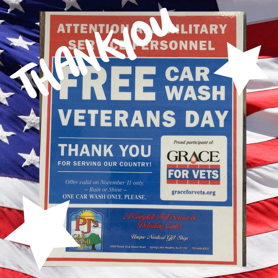 Happy Veteran's Day to ALL of our veterans!  Thank you for not only serving our communities but also our Country!
As a sign of appreciation,  please make sure to check out the discounts that are being offered by our local shops, like this one from PJ's Car Wash in Spring Lake!